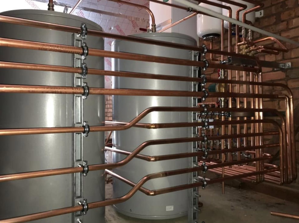 Multiple unvented hot water cylinders with immaculate copper pipework